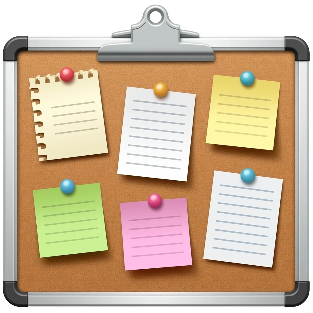 message board with posted notes. absolutely no clip at the top emoji