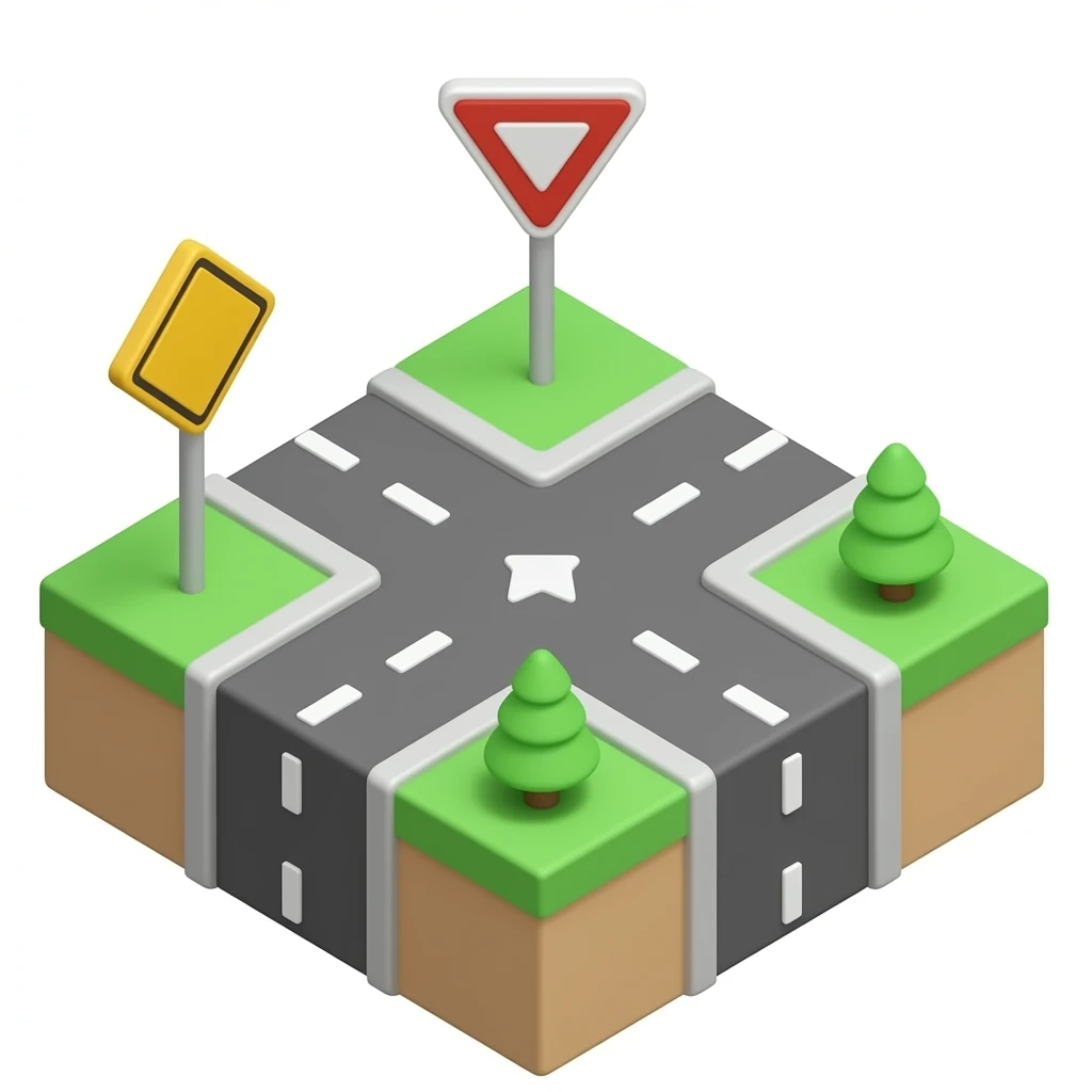 Isometric 3D emoji T-junction, wide main road crossing horizontally,  single narrow side road approaching from the bottom only (top side  has no road, just grass), yellow rhombus priority sign on main road,  inverted red triangle yield sign on side road, cute cartoon style,  white background emoji