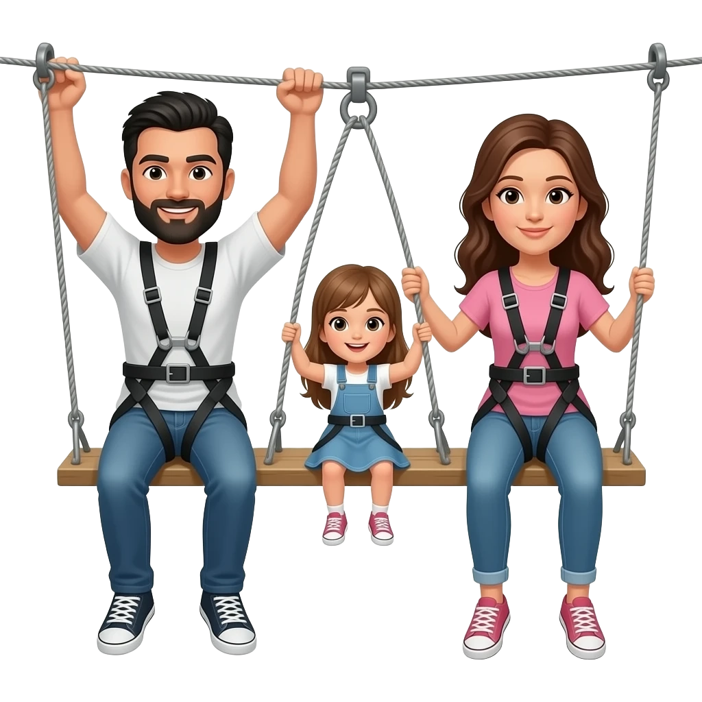 a man with black hair and a black beard with a woman with long brown hair and a little girl with long light brown hair on a zip line emoji