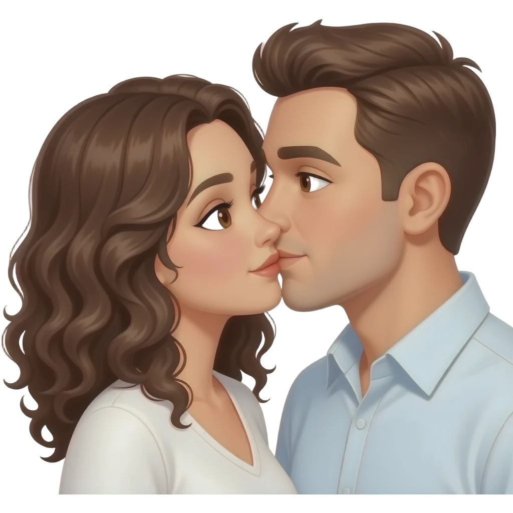 Besos de pareja chica morena con cabello rizado y hombre blanco con ojos marrones claros emoji