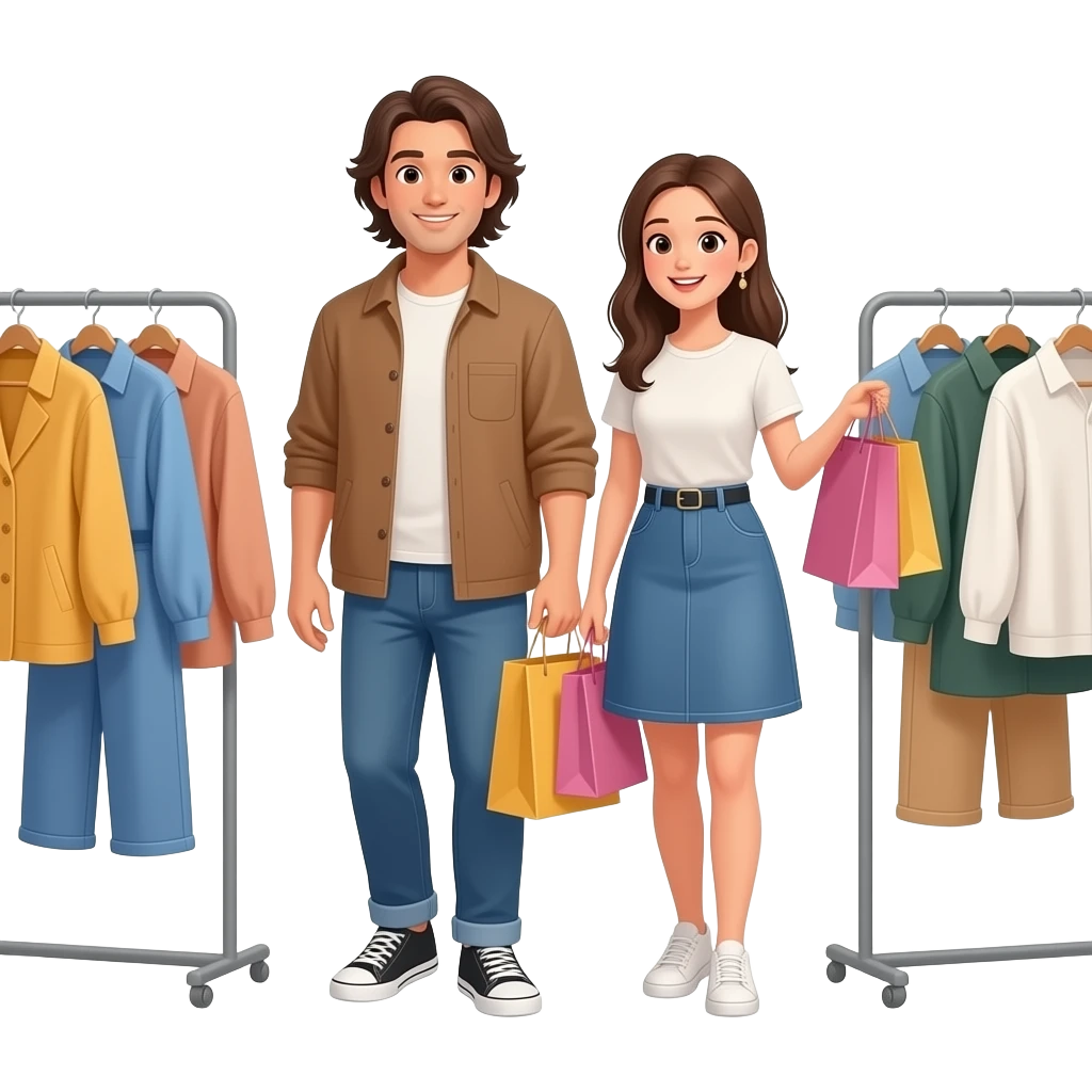 Jeune Couple riche avec homme aux cheveux mi long et habillé en oversize qui s’achète des vêtements emoji