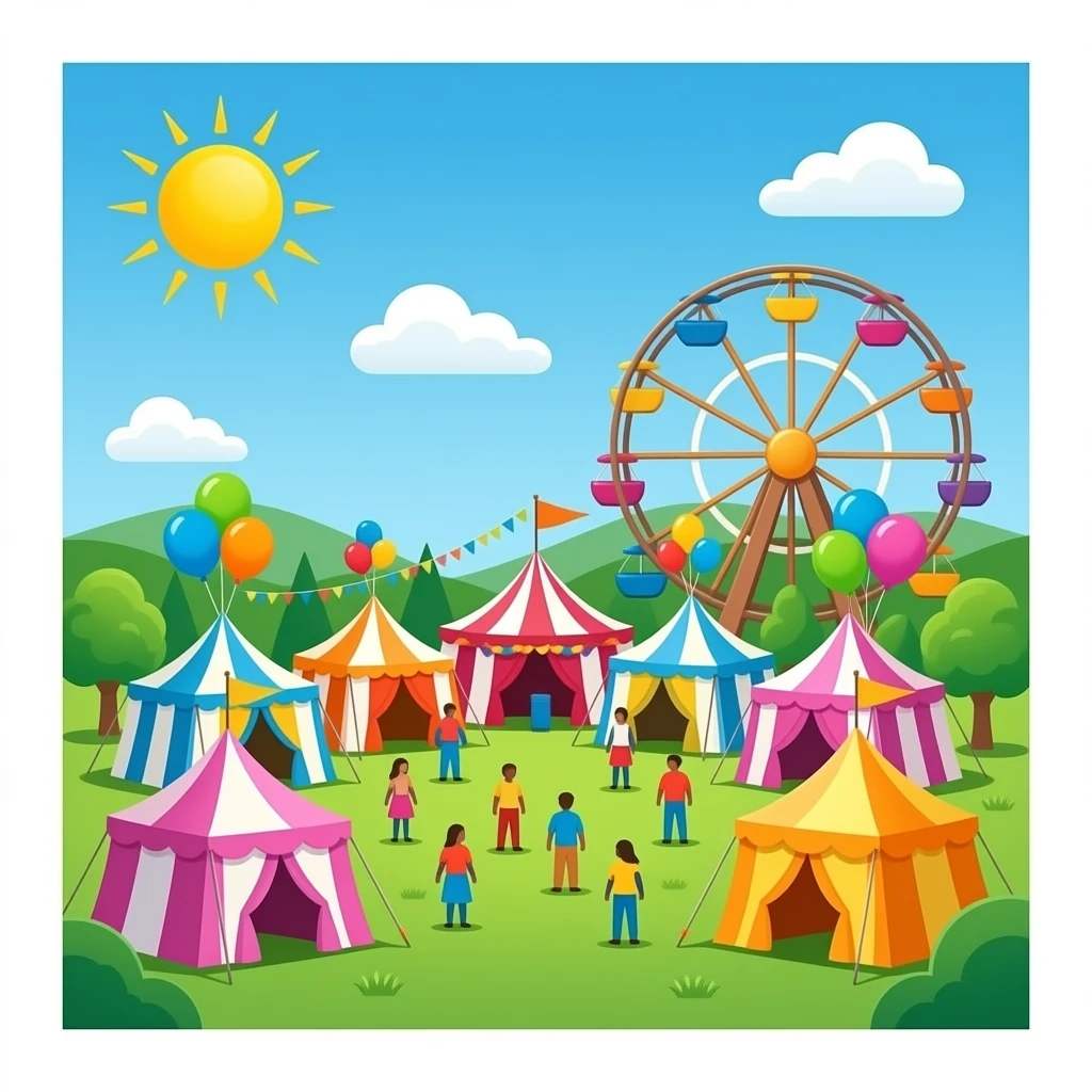 A vibrant festival scene with colorful tents, balloons, and a Ferris wheel emoji