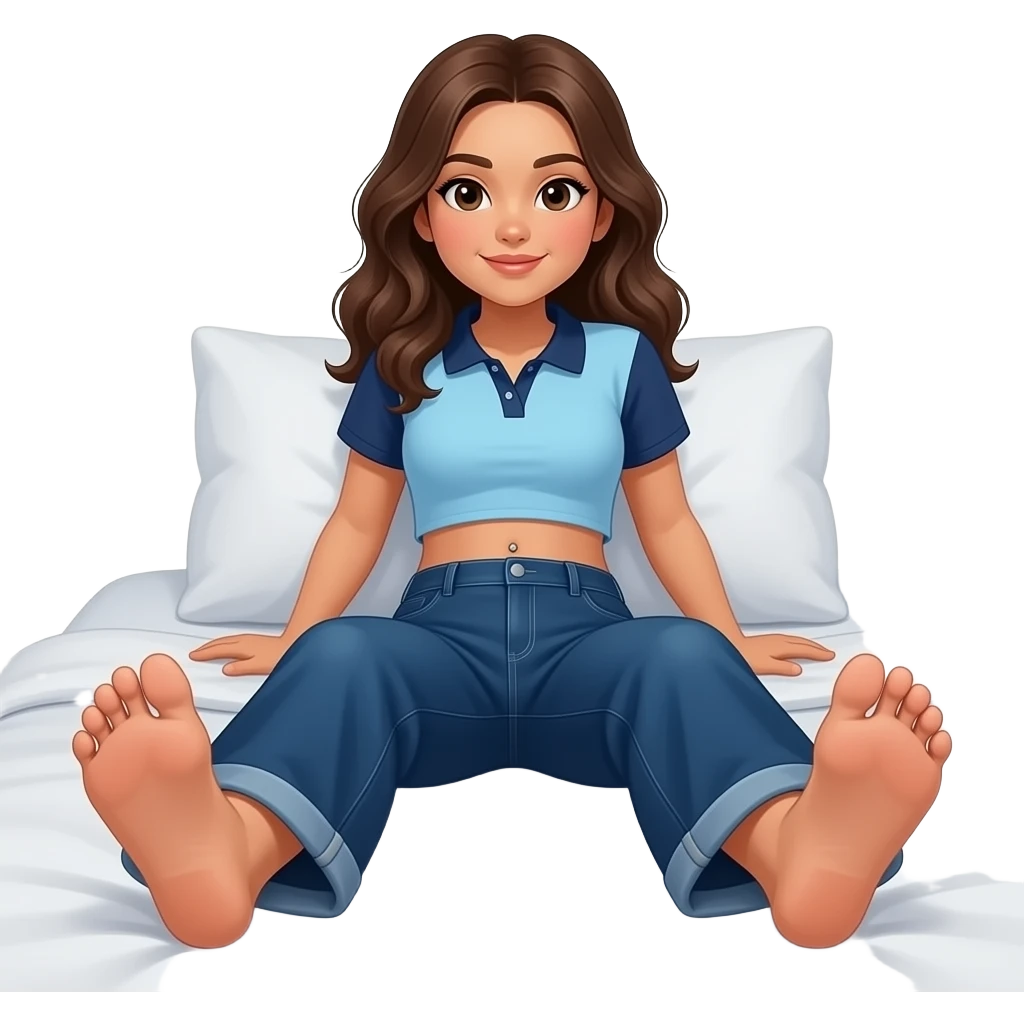 Hispanic girl with brown hair and light blue and dark blue polo and dark blue baggy jeans and belly button laying down on bed showing her feet emoji