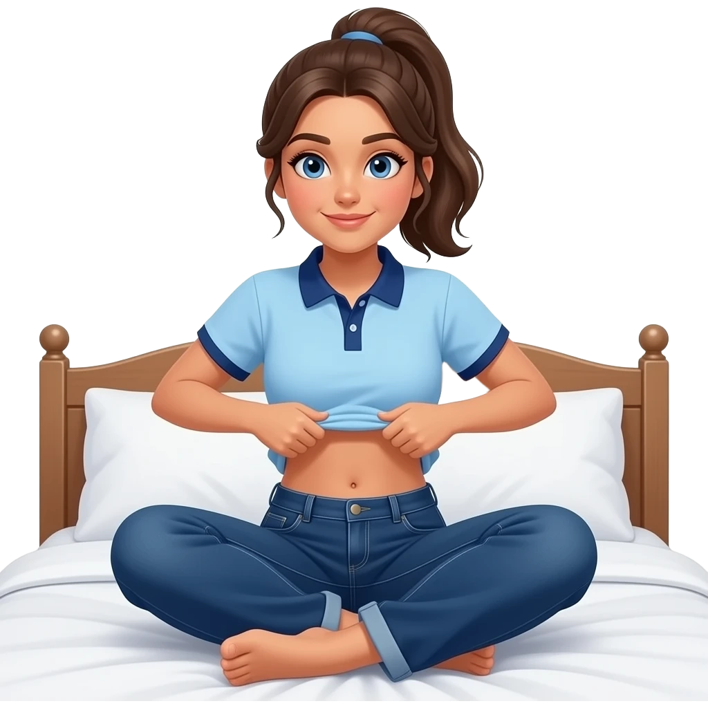 17 year old hispanic woman with brown ponytail and blue eyes light blue dark blue polo and dark blue baggy jeans and belly button lifting her shirt showing her feet sitting in bed emoji