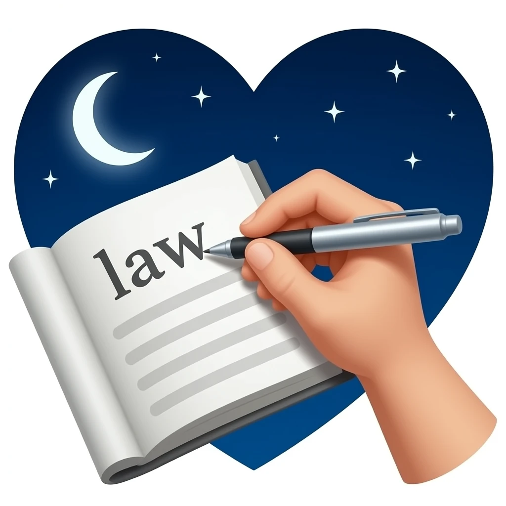 heart that is getting written on with a pen, it says law on a book, under a night sky with stars emoji