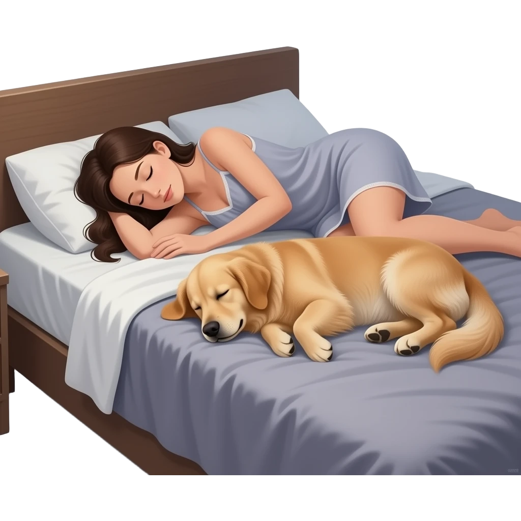 Una mujer durmiendo en una posición muy incómoda al borde de la cama porque su perro está durmiendo cómodamente ocupando todo el espacio. emoji