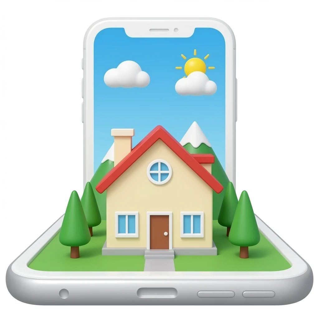 a good house in a 3d perspective pop-ing out from a phone screen like a window emoji