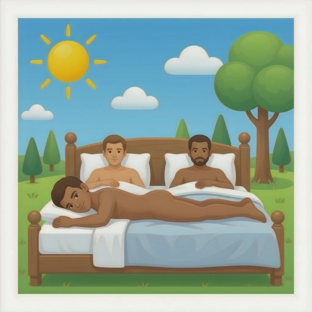 Bed with several naked brown men emoji