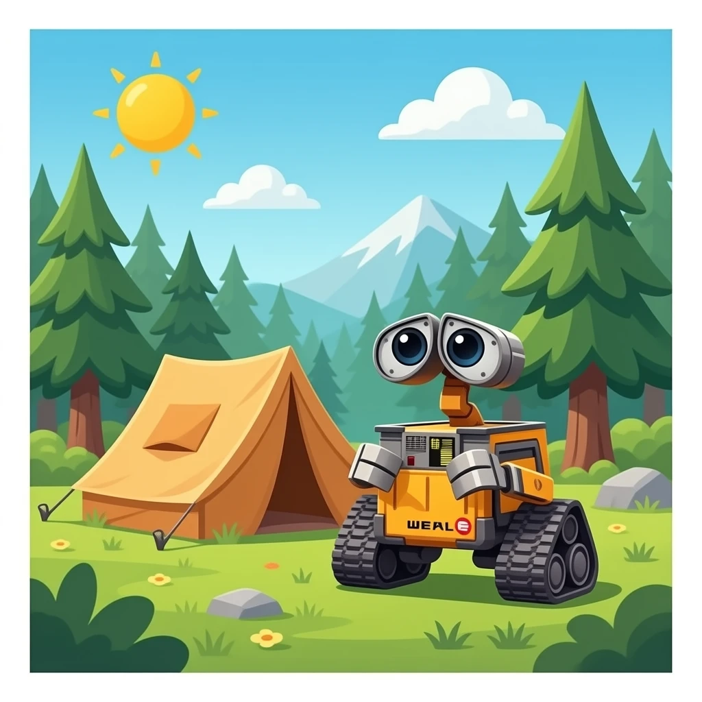 The robot Wall-e is in a tent in the forest emoji