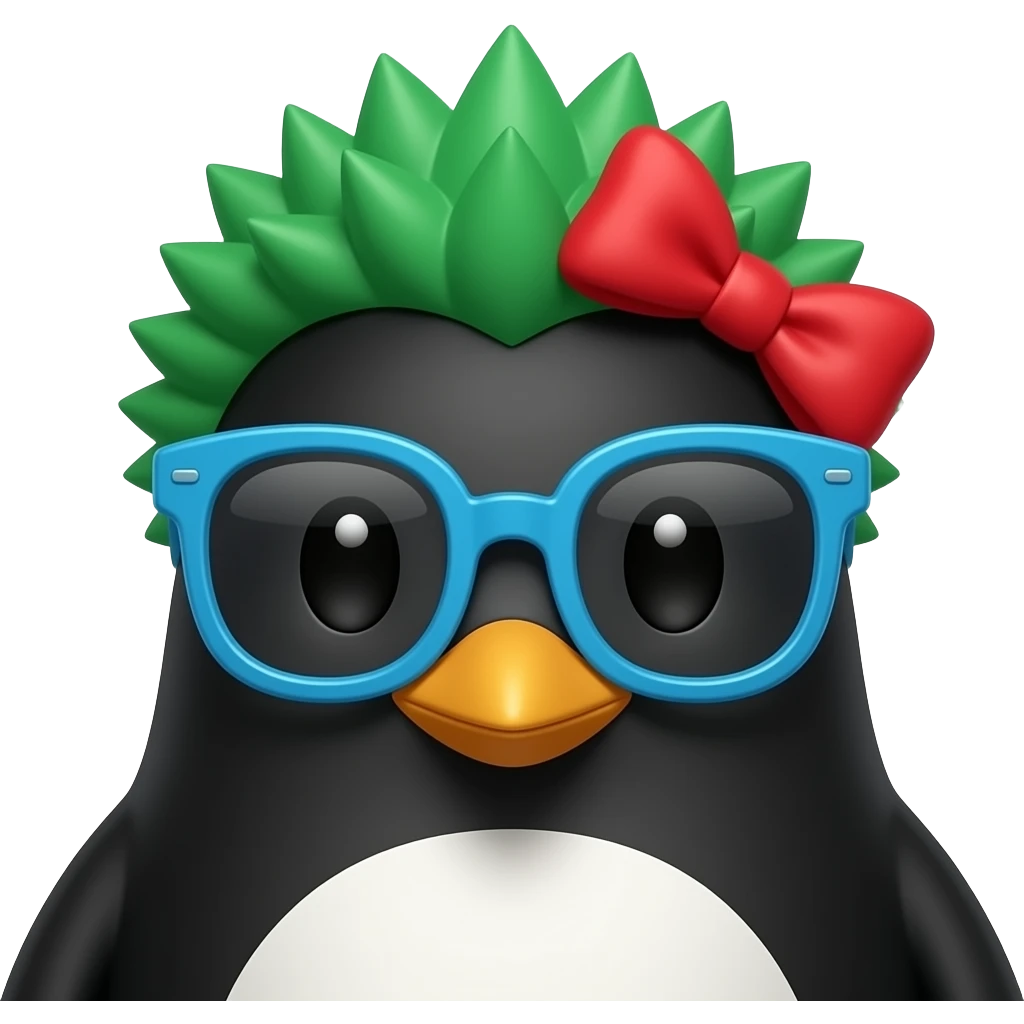 green spiky haired black penguin with red hairbow and blue glassess, just face emoji