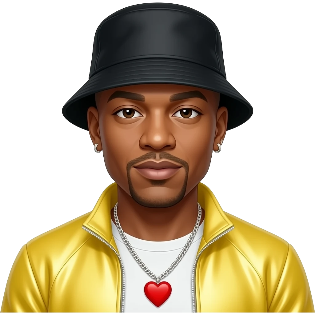 LL Cool J with bald, black bucket hat, butter yellow metallic sassy joggers with white undies, necklace with red heart, earrings emoji