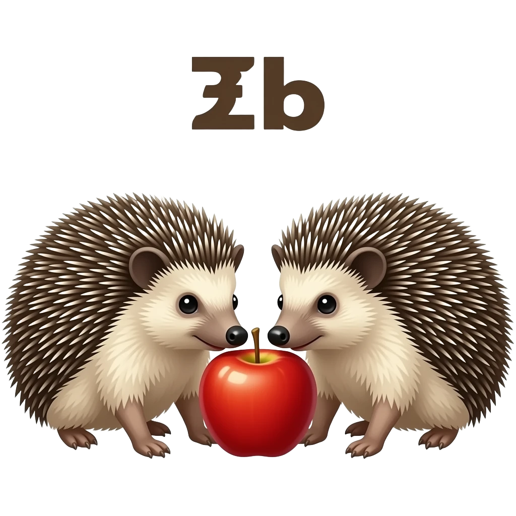 Текст над ежами: "еЖы". Два ежа нюхают яблоко. Эмодзи. emoji