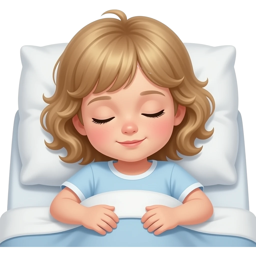 white kid blue eyes mid length with bangs soft curly hair to shoulders in color: middle to little darker blonde laying in bed sleeping with a good night story emoji