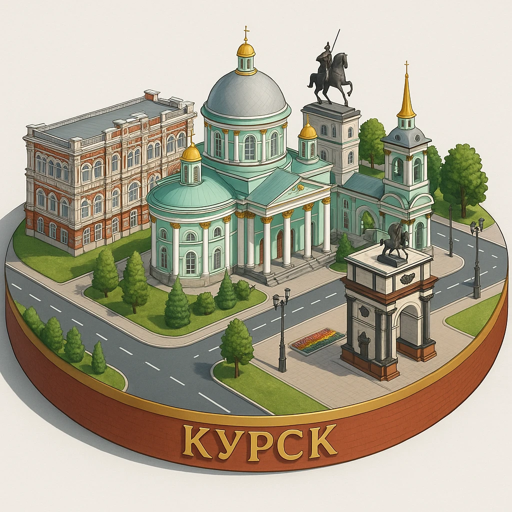 Изометричная, яркая, детализированная и фотореалистичная иллюстрация панорамы города Курска на круглой подставке, Знаменский собор, здание Дворянского собрания, Триумфальная арка в стиле 3D-коллажей городов, чёткие линии, слегка мультяшная стилистика, прозрачный фон, не обрезать края картинки emoji
