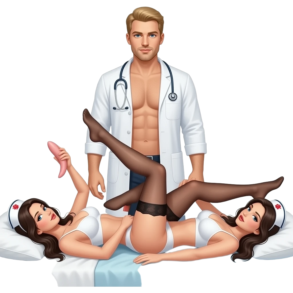2 nurses with big sagging breasts and large nipples , slim, both nurses completely naked except for black garter belts, laying in a 69 position  style on bed, one nurse has a large dildo in hand, behind them is a tall blond male doctor, also naked with a large erection emoji