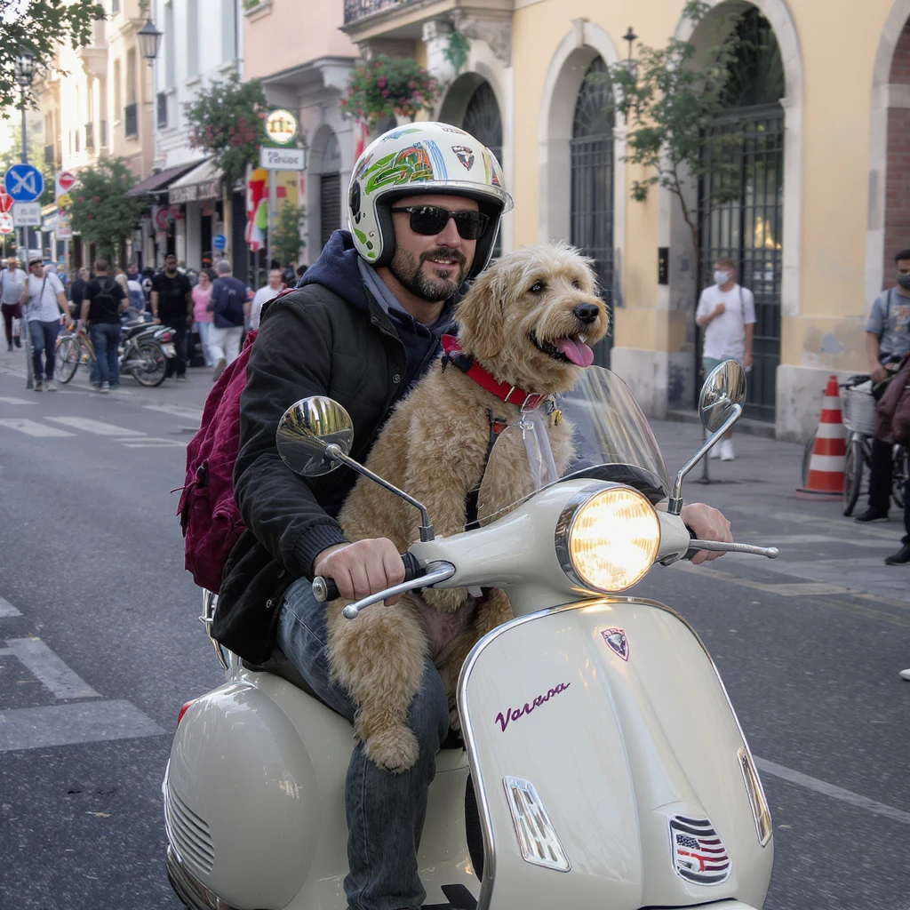 man and his pet dog riding a vespa emoji
