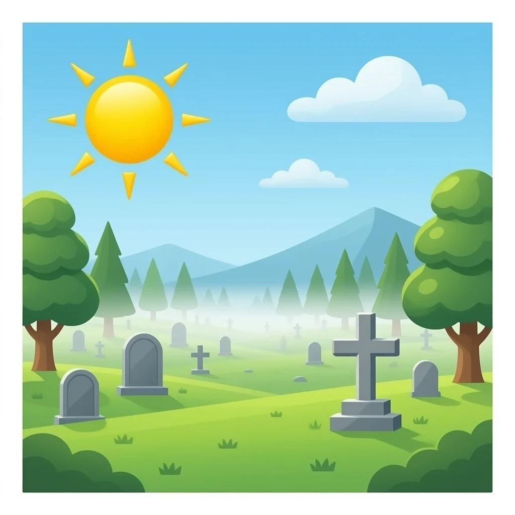 Sun brightly shining over a foggy graveyard emoji
