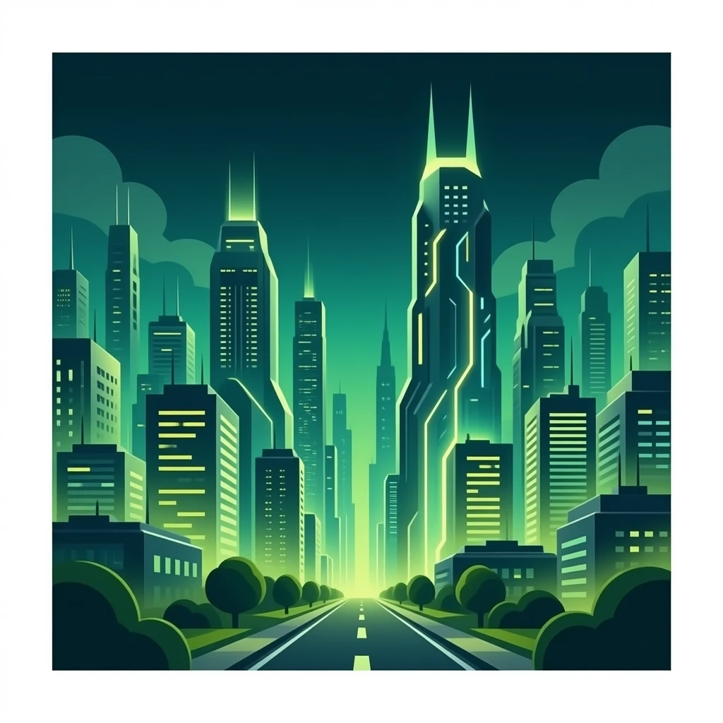 Futuristic cityscape at night with neon lights, dynamic composition, cinematic style, high-tech and energetic, perfect for announcement or news post, detailed and sharp with dark olive green, soft sage green, emoji