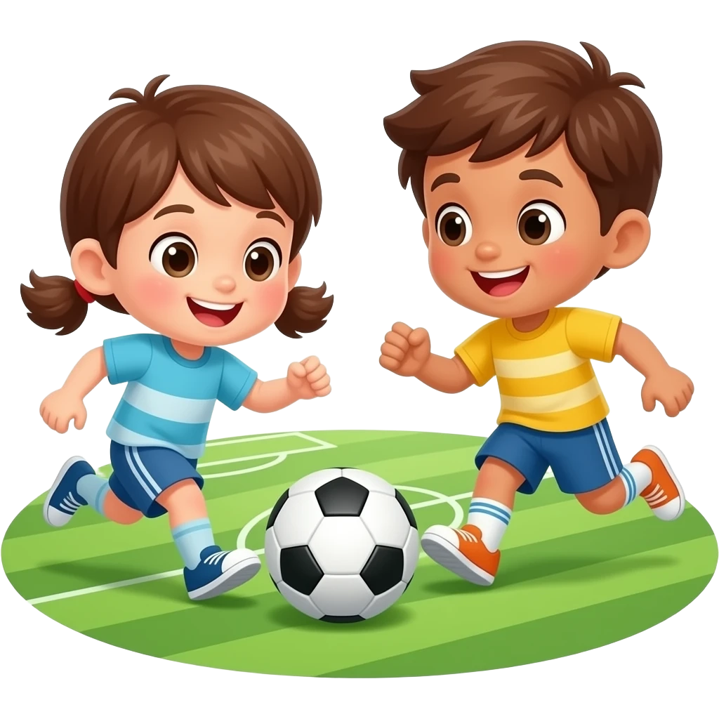 niños y niñas jugando futbol en cancha emoji