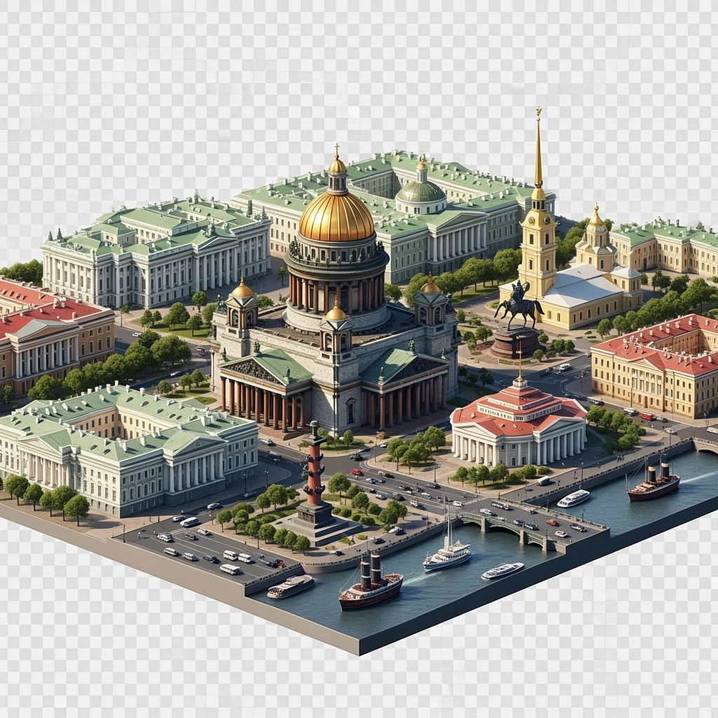 Изометрическая иллюстрация-модель Санкт-Петербурга с акцентом на фотореалистичный Исаакиевский собор, Зимний дворец, памятник Петру I, Адмиралтейство, здание Сената, Александрийский столп, баланс между стилизацией и реализмом, эффект рисованной миниатюры Tift shift, прозрачный фон. emoji