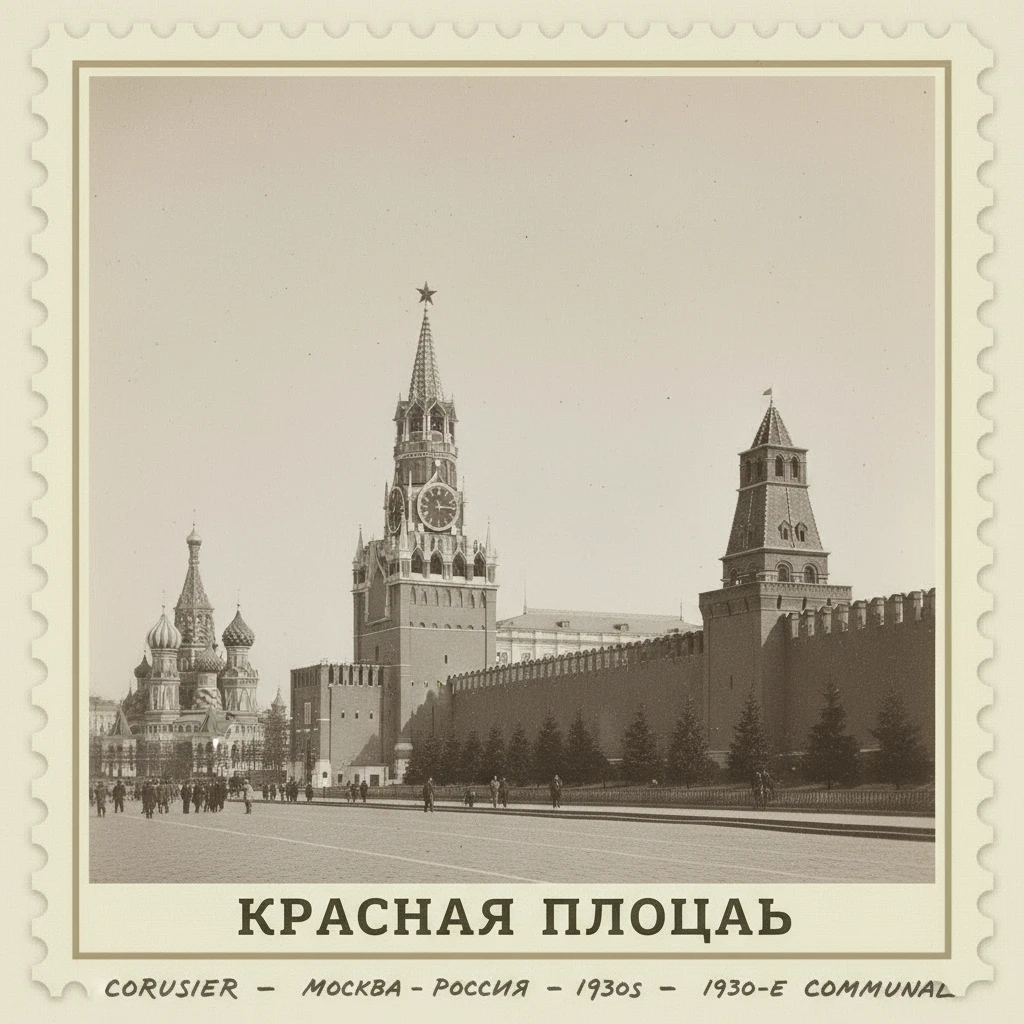 Марка на которой изображен Красная площадь с Кремлем. Кремль на переднем плане крупно

Стиль марки такой же, как на прикрепленном фото emoji