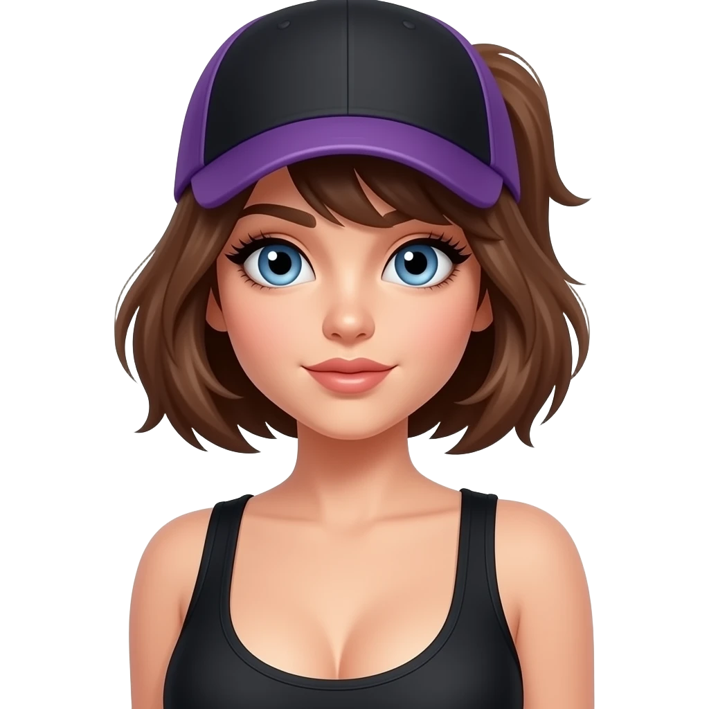 Make blue eyes eyelash.give  cap on black and purple. short brown hair in ponytailbig boobs emoji