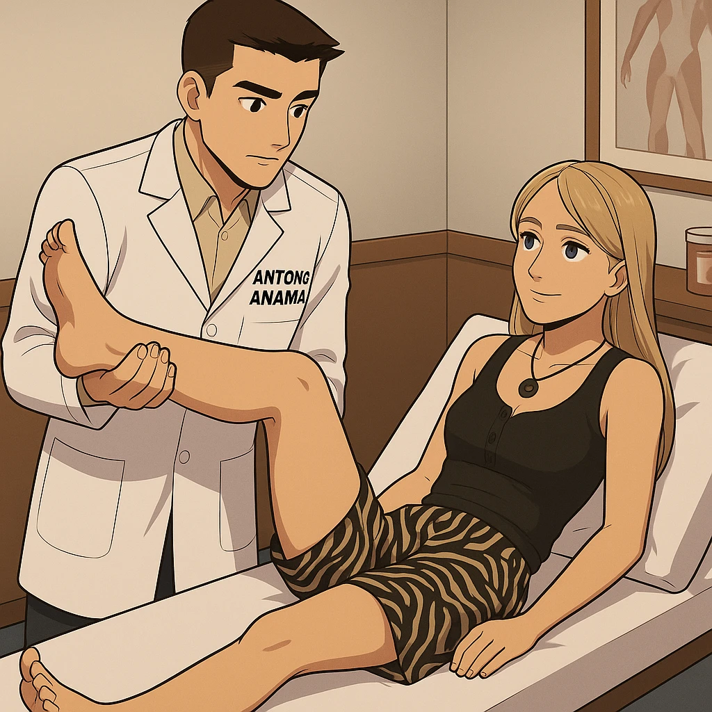 fai un webtoon/manga a colori con questo kinesiologo in camice bianco (fagli la scritta "ANTONIO ANANIA" SUL CAMICE) CHE SVOLGE UN TEST NEUROMUSCOLARE SOLLEVANDO UNA GAMBA ALLA RAGAZZA CHE è STESA SU UN LETTINO BIANCO. STANZA SEMPLICE E MODERNA, DURANTE IL TEST I DUE DIALOGANO TRA LORO. NON FARE I FUMETTI, FAI SOLO LORO COME SE DIALOGASSERO emoji