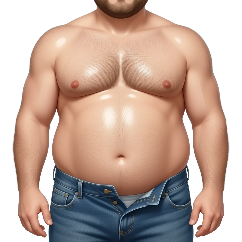 Nahaufnahme eines fetten behaarten Mannes der nur eine offene Jeans trägt. Seine Haut ist ölig glänzen und sein dicker Bauch hängt ihm über die offen Jeans raus emoji
