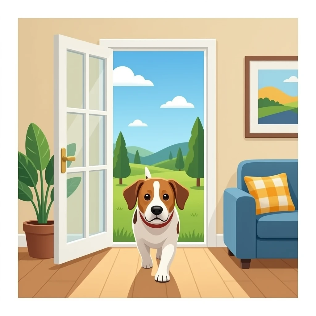 The dog walks into the bright living room emoji