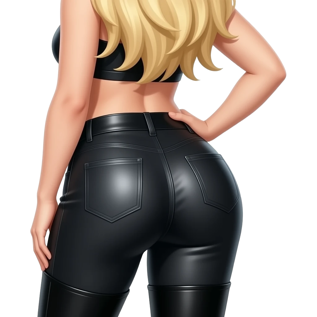 Blonde girl with big boobs in latex leggings and long black boots showing her curvy ass emoji