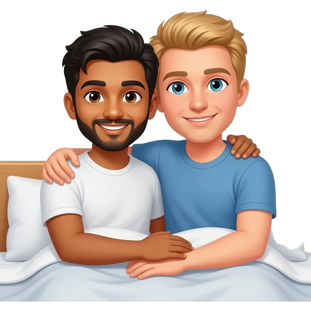 Indian young man cuddles  in bed with German blond hair man emoji
