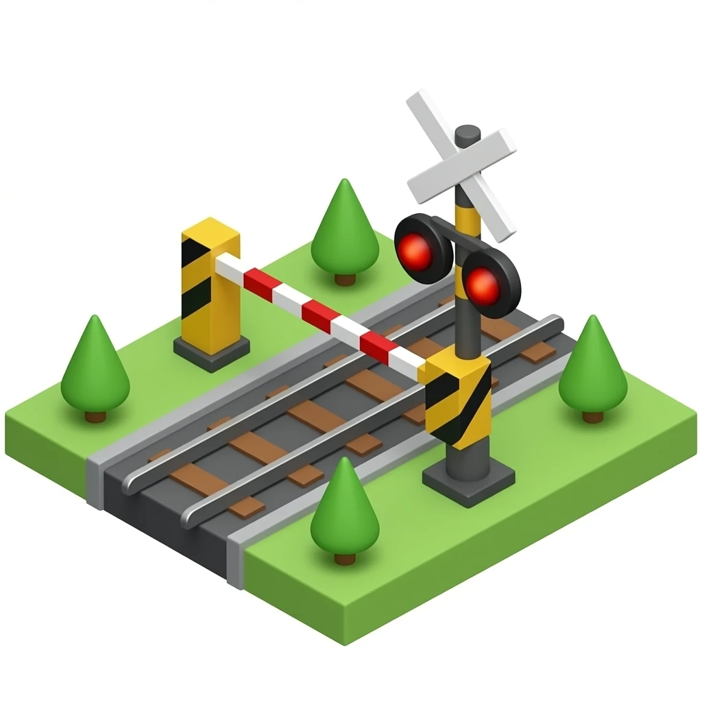 Isometric 3D emoji of railroad crossing, train tracks perpendicular  to paved road, automatic barrier arms lowered blocking the road,  red warning lights flashing, white X-shaped railway crossing sign,  cute cartoon style, white background emoji