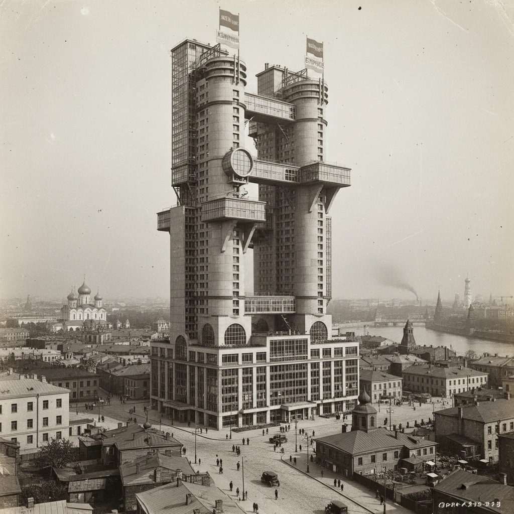 Конструктивистский футуристичный дом-коммуна на фоне Москвы 1920 года

Стиль - архивные снимки emoji