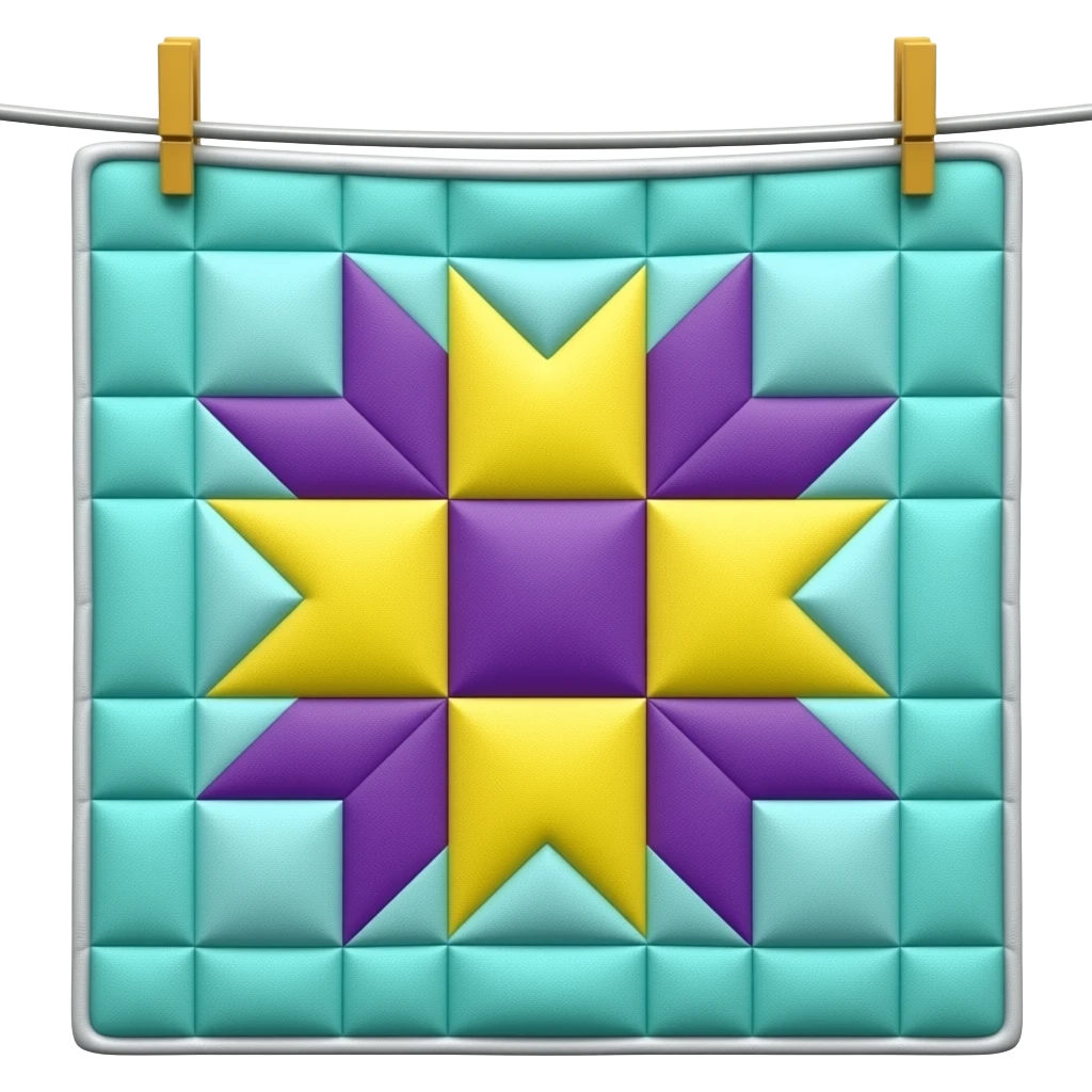 Mostly teal colour patch quilt with purples and yellows on clothes line emoji