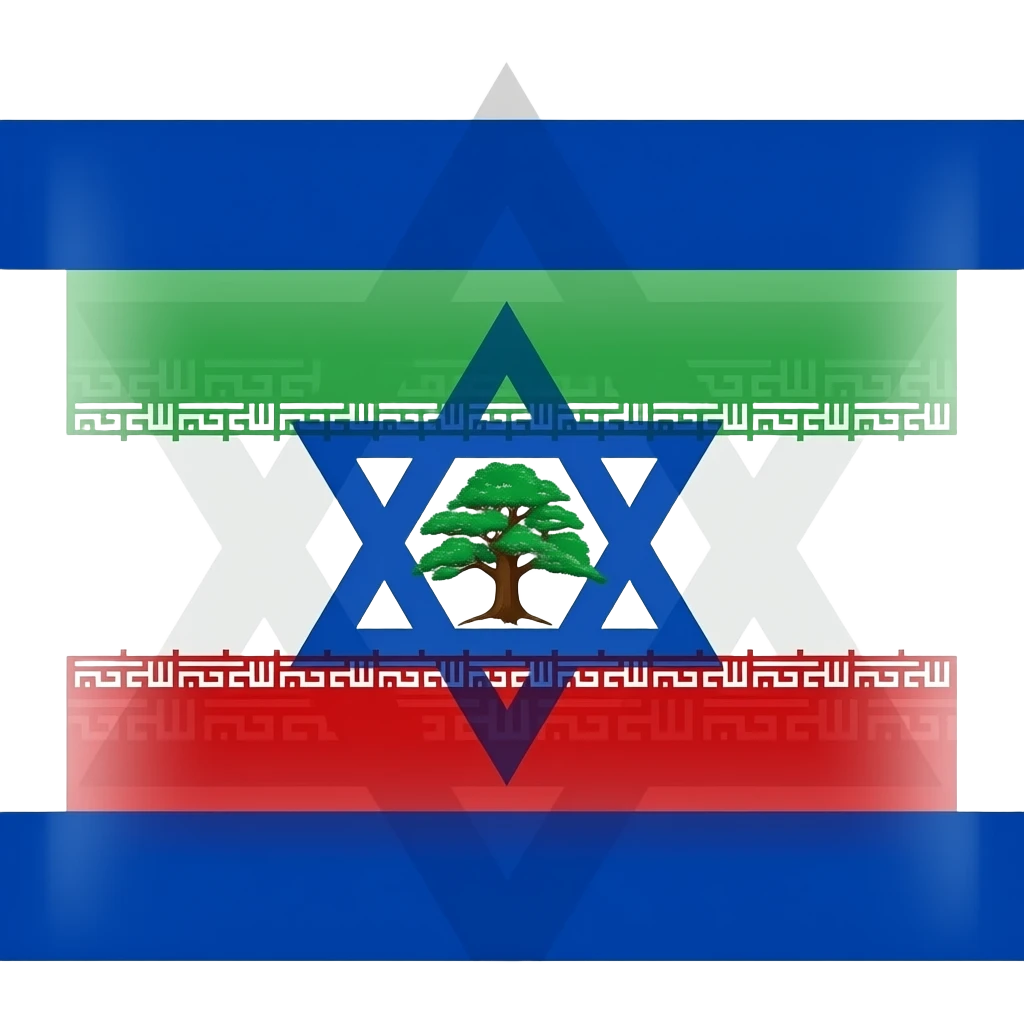 Fais-moi un drapeau les couleurs de l’Israël, seulement les symboles sur le rouge et le vert qu’on garde en Iran, l’étoile de David au milieu et dedans, l’arbre du Liban, laisse le fond avec l’étoile de David avec un peu les symboles de l’Iran et un arbre du Liban au milieu de l’étoile de David emoji