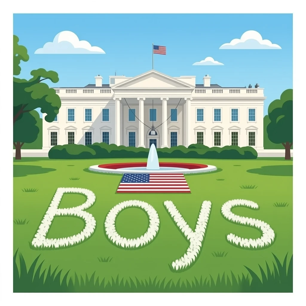 The Boys text on the lawn of the White House and the American flag emoji