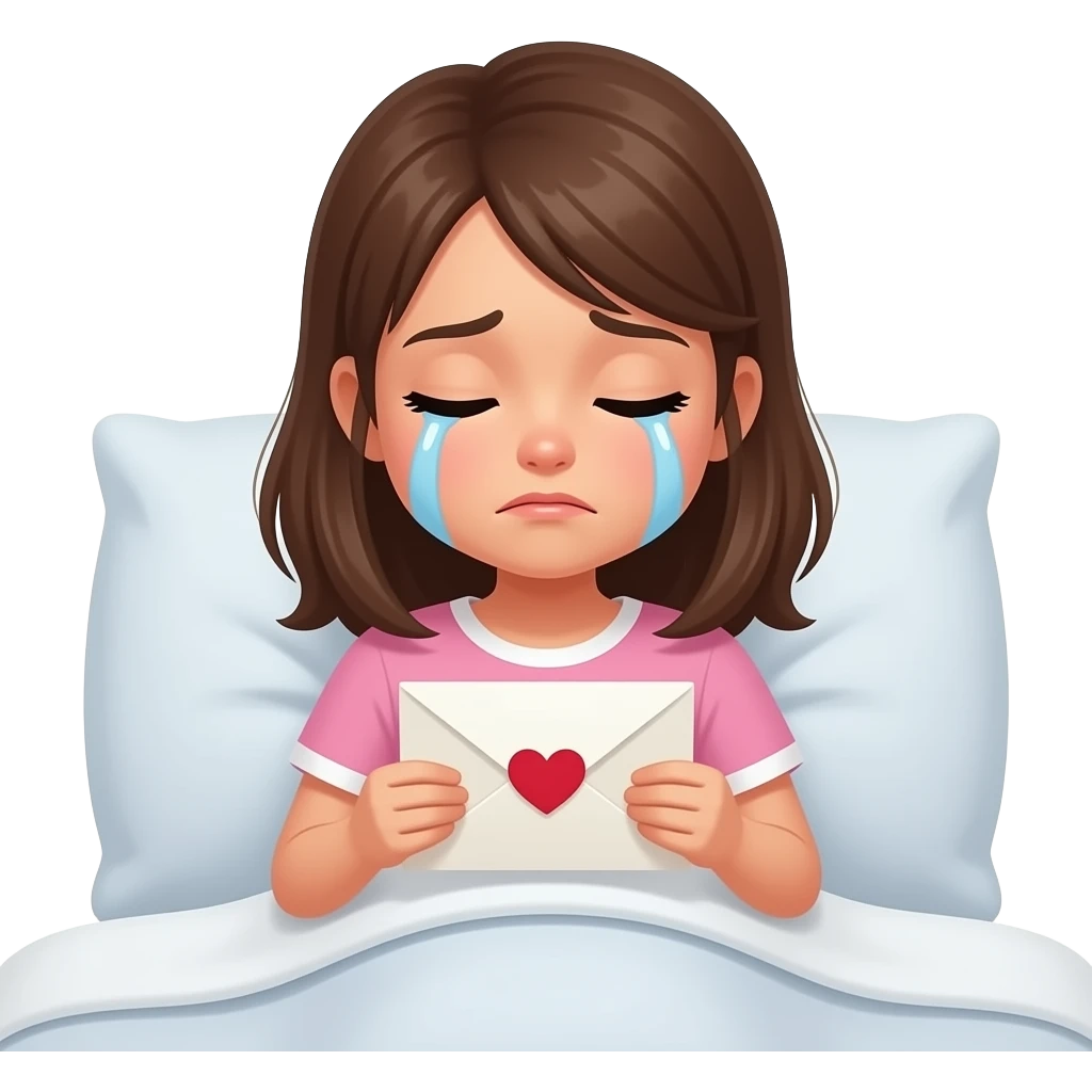 Fille qui pleure seule dans son lit en lisant une lettre d’amour emoji
