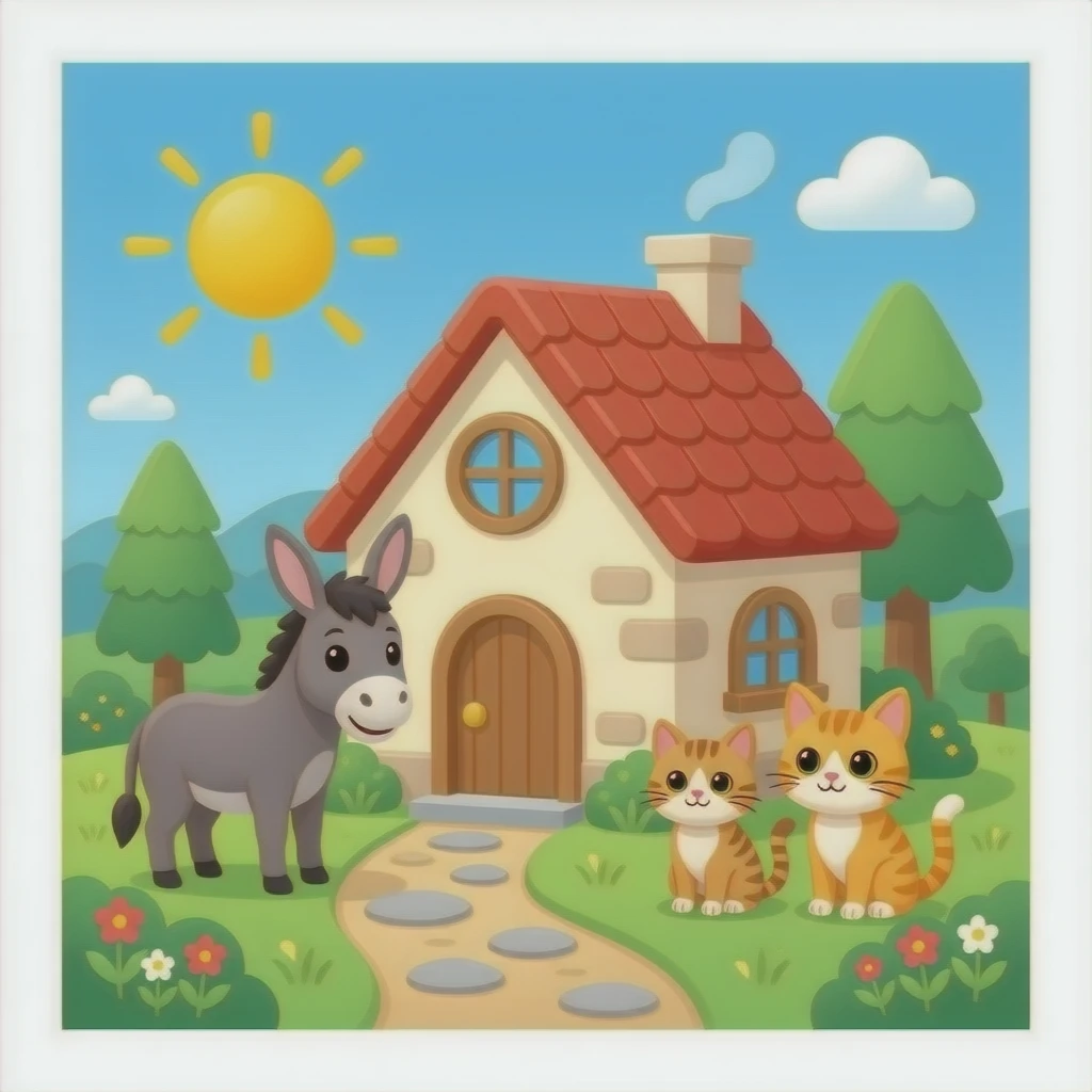 Cute little house with a donkey and 2 cats emoji