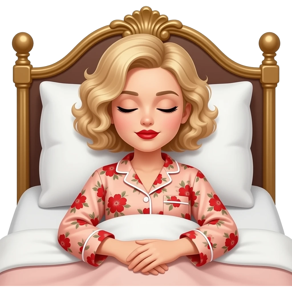 Short curly blond hair side swept red lipstick and peach and RED FLORAL PAJAMAS SET SLEEPING, BLACK EYEBROWS ON A VITCTORIAN BED emoji