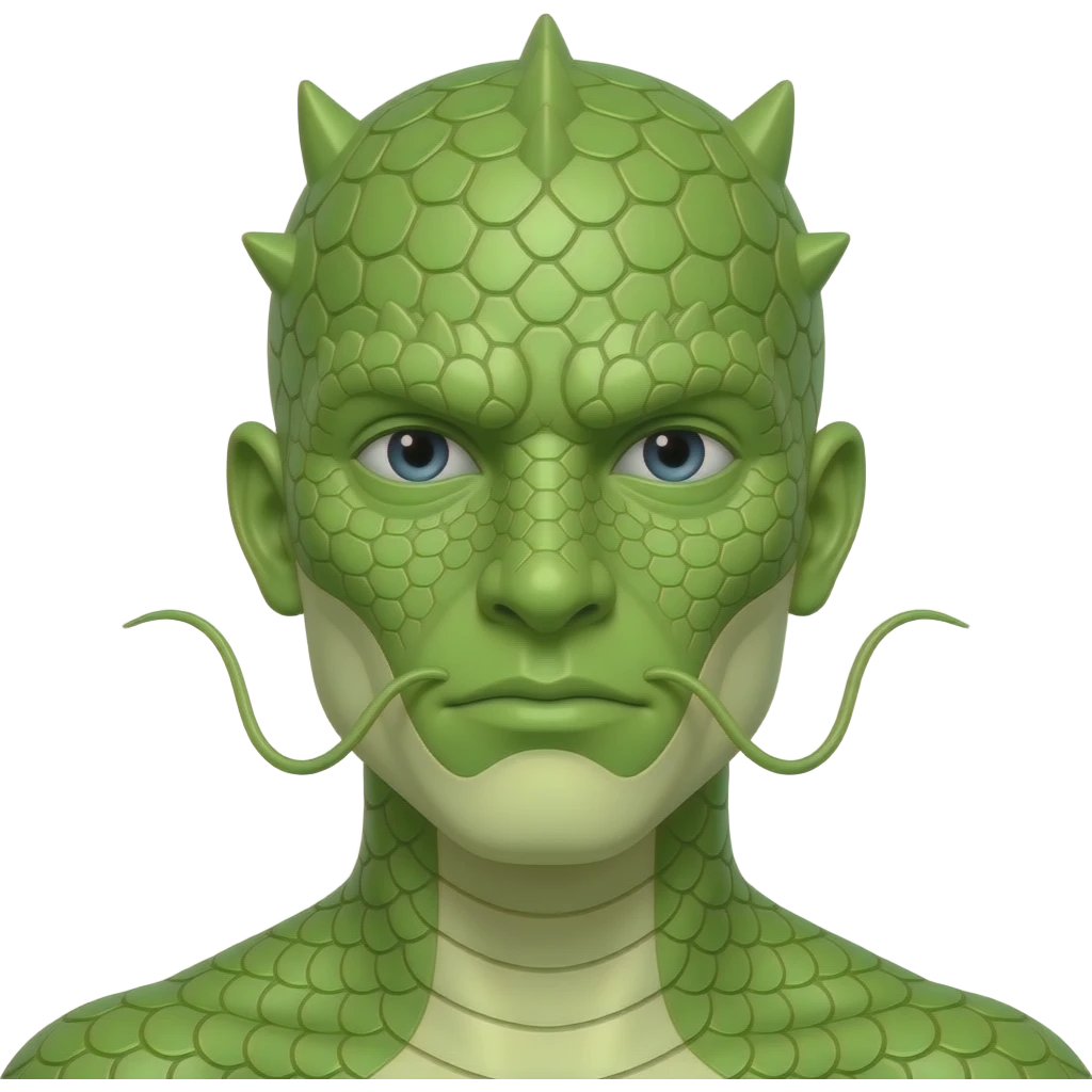 bald male with a face made of lime green dragon scales emoji
