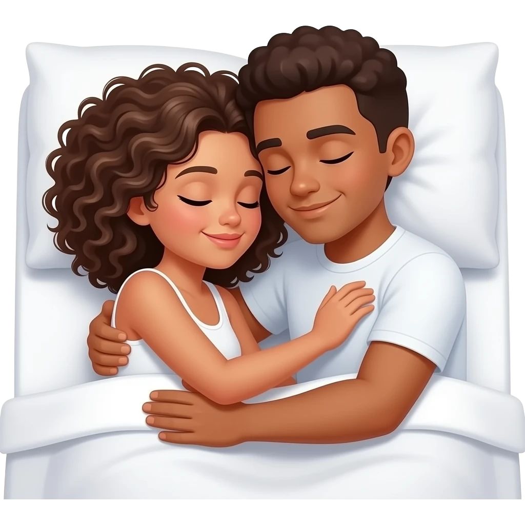 A couple cuddling spooing position in bed, girl is with curly hair and boy is briwn skin emoji