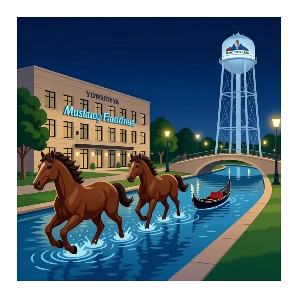 Toyota music factory of las colinas at night time. Include The Mustangs of Las Colinas sculptures - these are Mustang horses running through the water. This can be at the and mandalay canals and a gondola. Add a water tower with a city of Dallas logo far off in the background distance. emoji