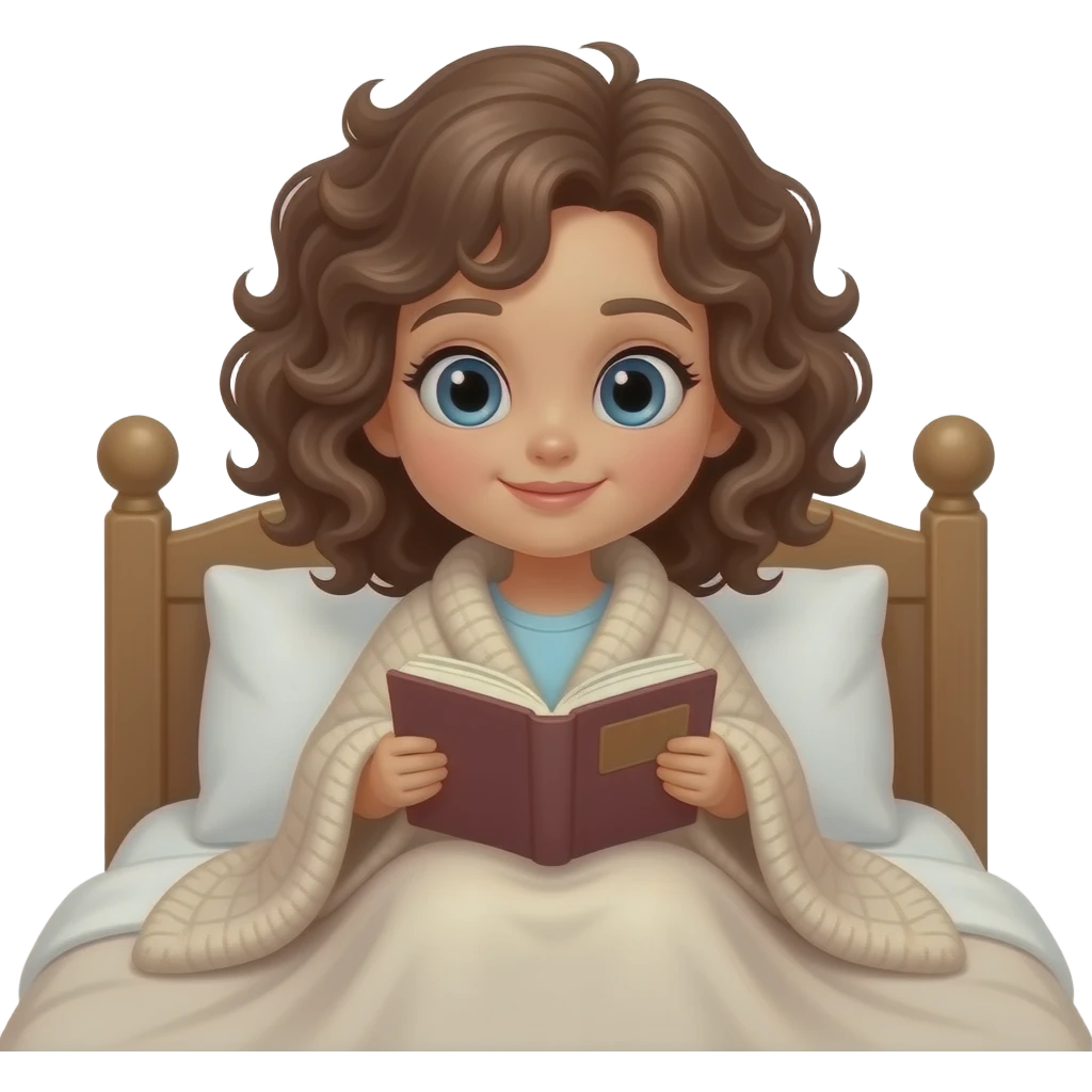 Boneca morena cabelo cacheado lendo livro com coberta envolta na cama emoji