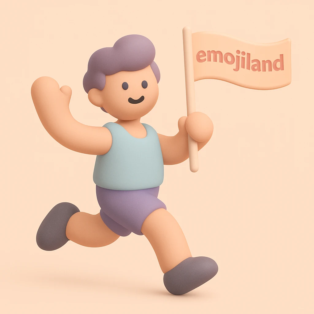 happy runner waving a flag that says 'emojiland' emoji