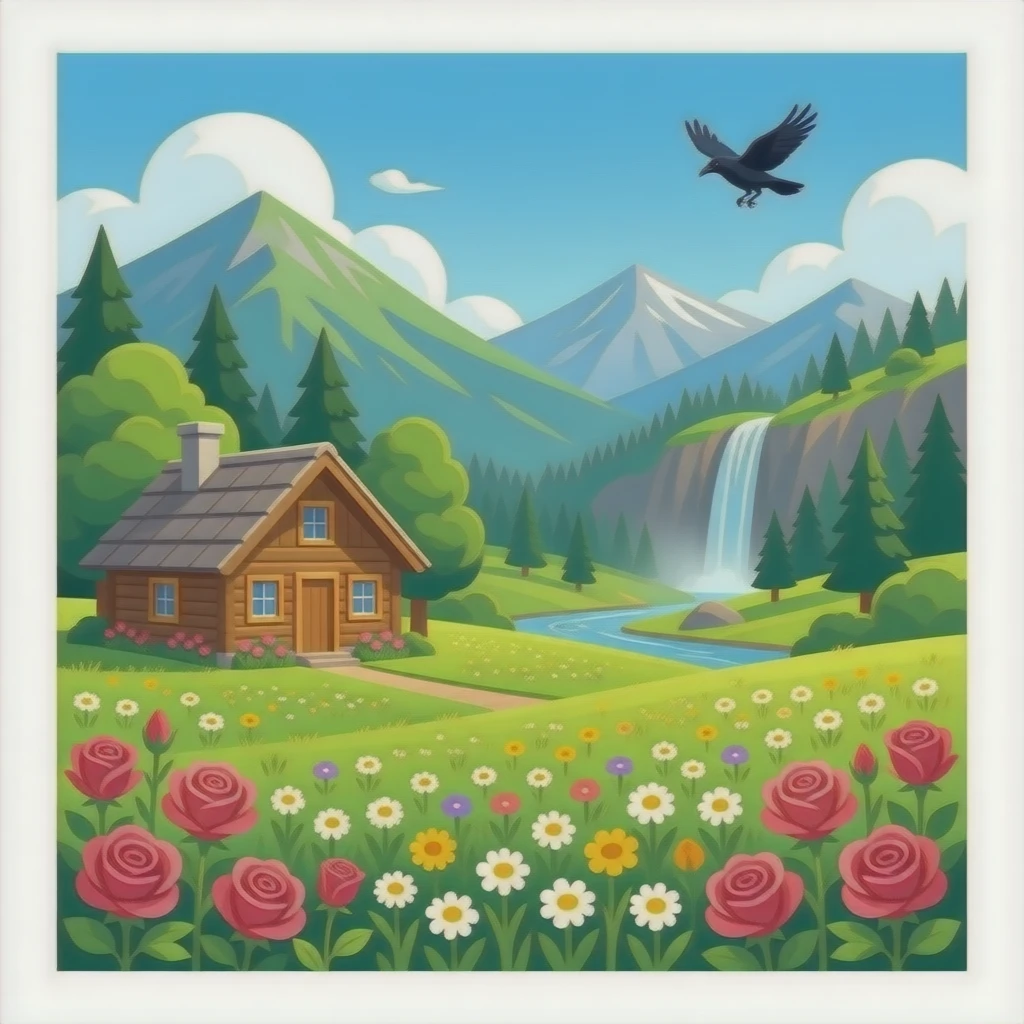 wildflower meadow with a cabin to the left, roses along the side of the cabin,  in the background have mountains, trees and a waterfall, and a crow in the sky emoji