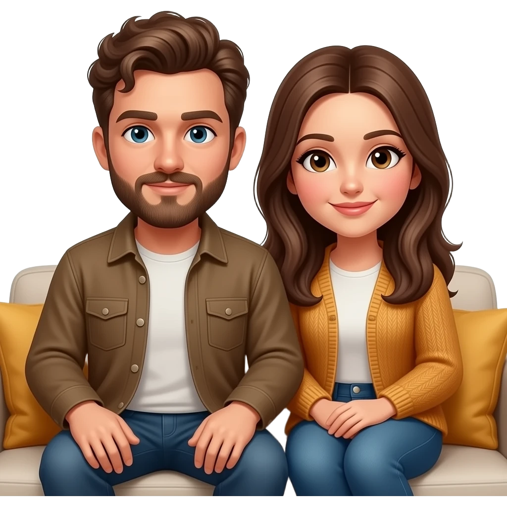 Realistic white man brown super short curly hair with beard being cozy with realistic white woman brown long straight hair on couch autumn emoji