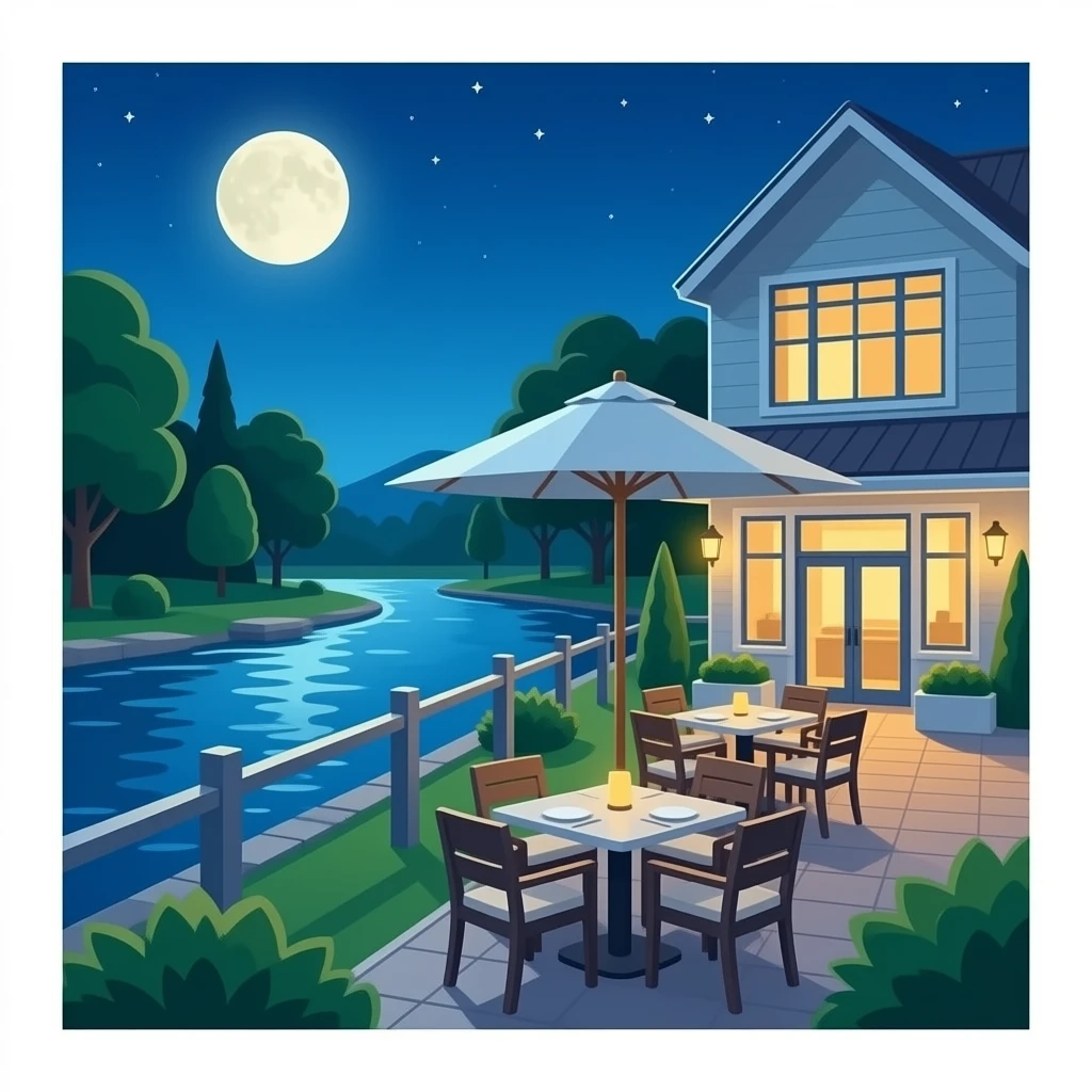 Novo Restaurant & Lounge: 3D emoji style, glossy surface, soft shadows, white background, centered, no text, creek-side patio, relaxed upscale night vibe, blue and teal tones, emoji