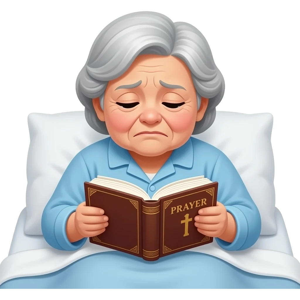 A plump, sad fat old lady is flipping through a prayer book in the bed emoji
