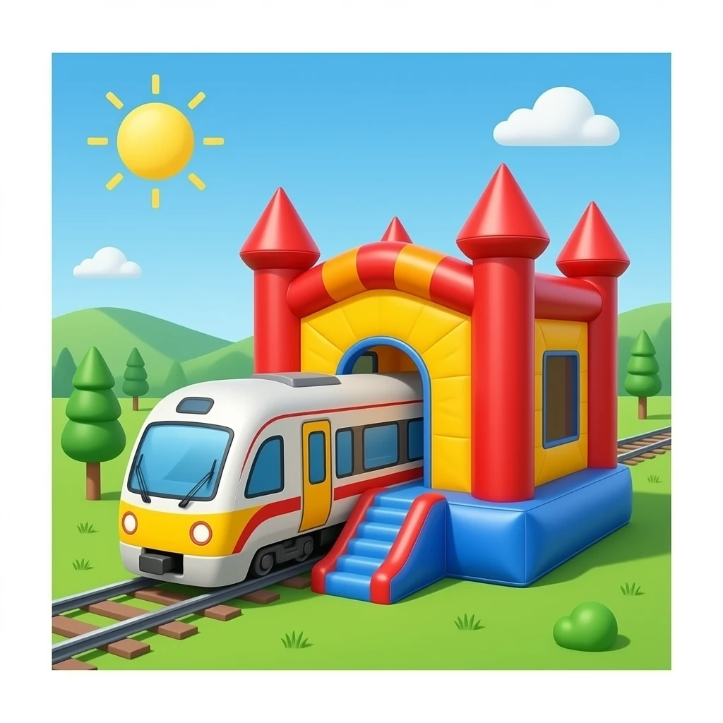 A bouncy catsle with a passenger train getting out of the bouncy castle emoji
