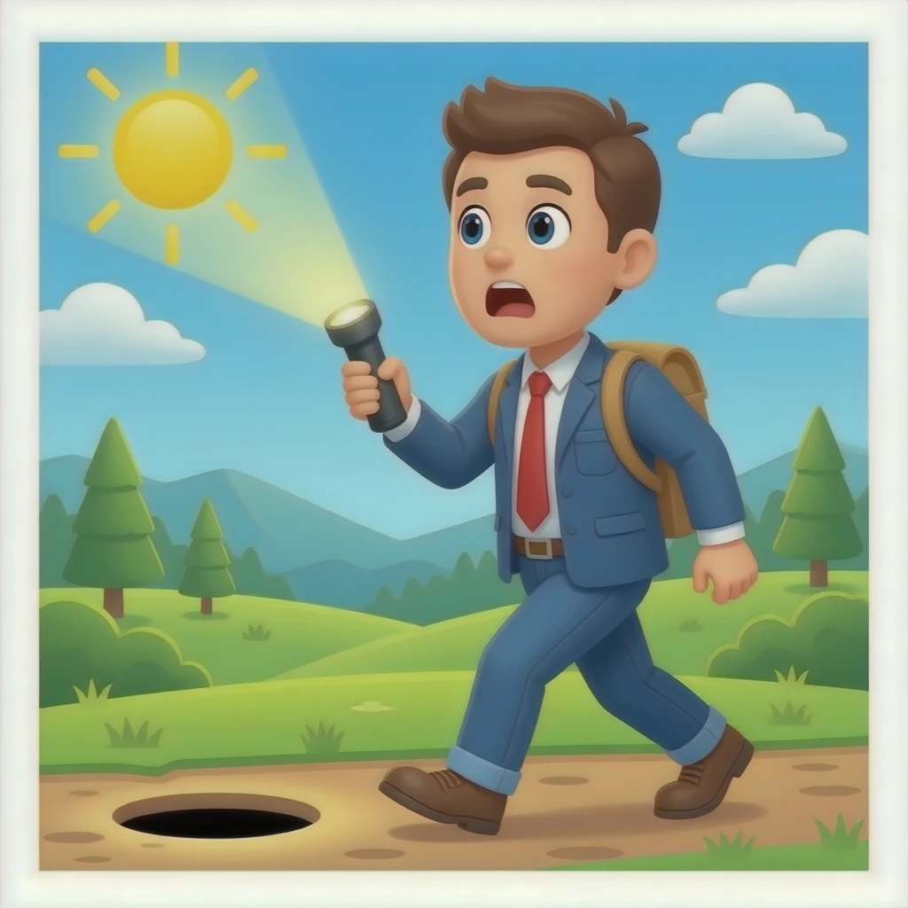 ➡️🏞️🕳️+🚶🏻‍♂️🔦🤨 emoji